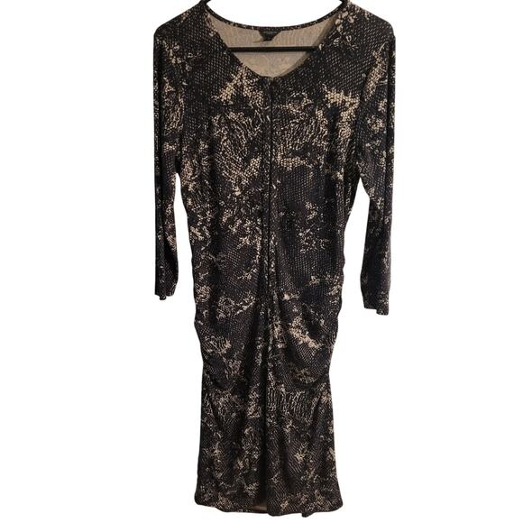 Ann Taylor Black Tan Snakeskin Print Midi Tunic Dress 8 Front Zip Rayon Indie - Picture 8 of 9